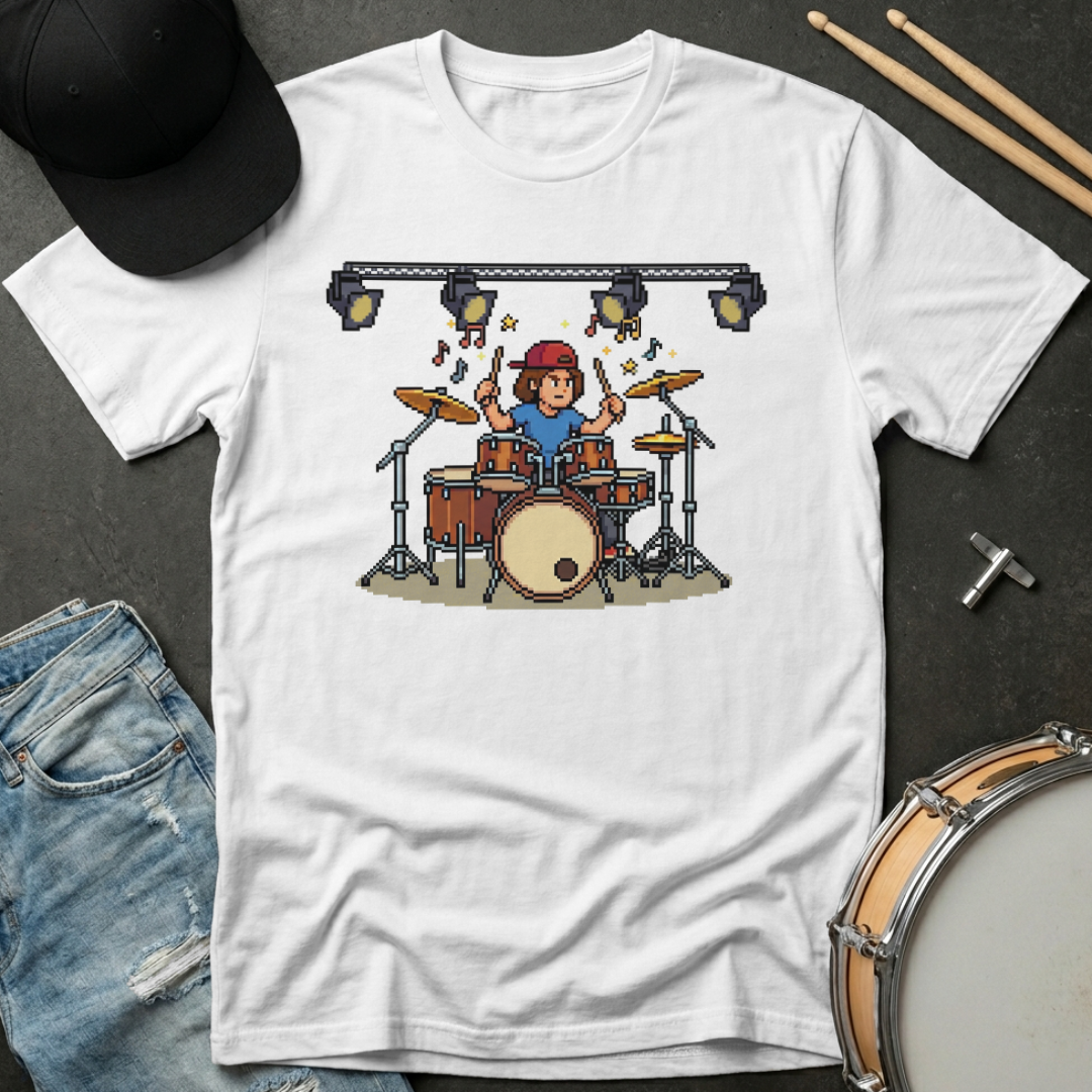 White t-shirt with a graphic of a person playing drums, surrounded by musical instruments and accessories on a dark surface.
