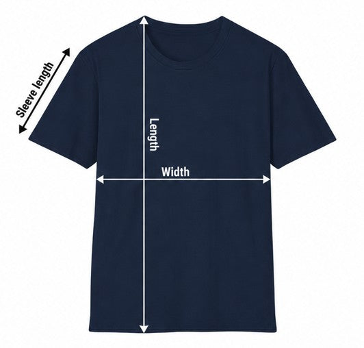 Navy blue t-shirt with measurement lines indicating length, width, and sleeve length on a white background.