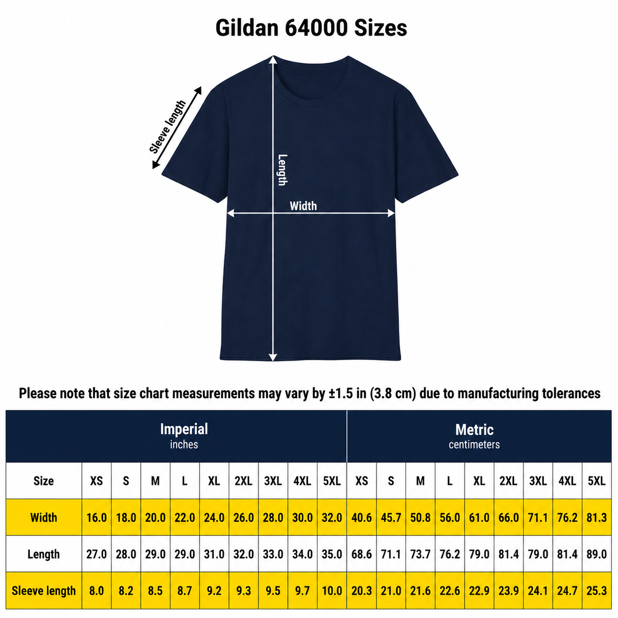 Gildan 64000 t-shirt size chart with measurements in inches and centimeters.