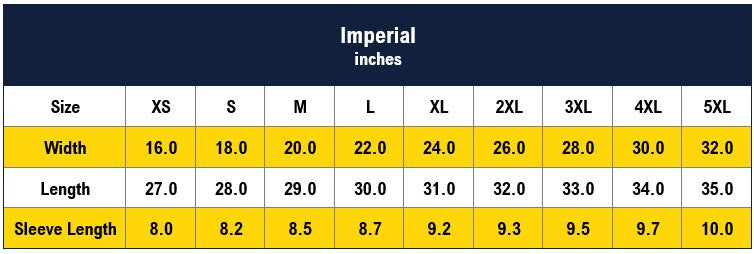 Measurement chart for clothing sizes in imperial inches with yellow text on a blue background.