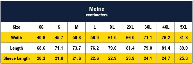 Size chart for clothing with metric measurements in centimeters