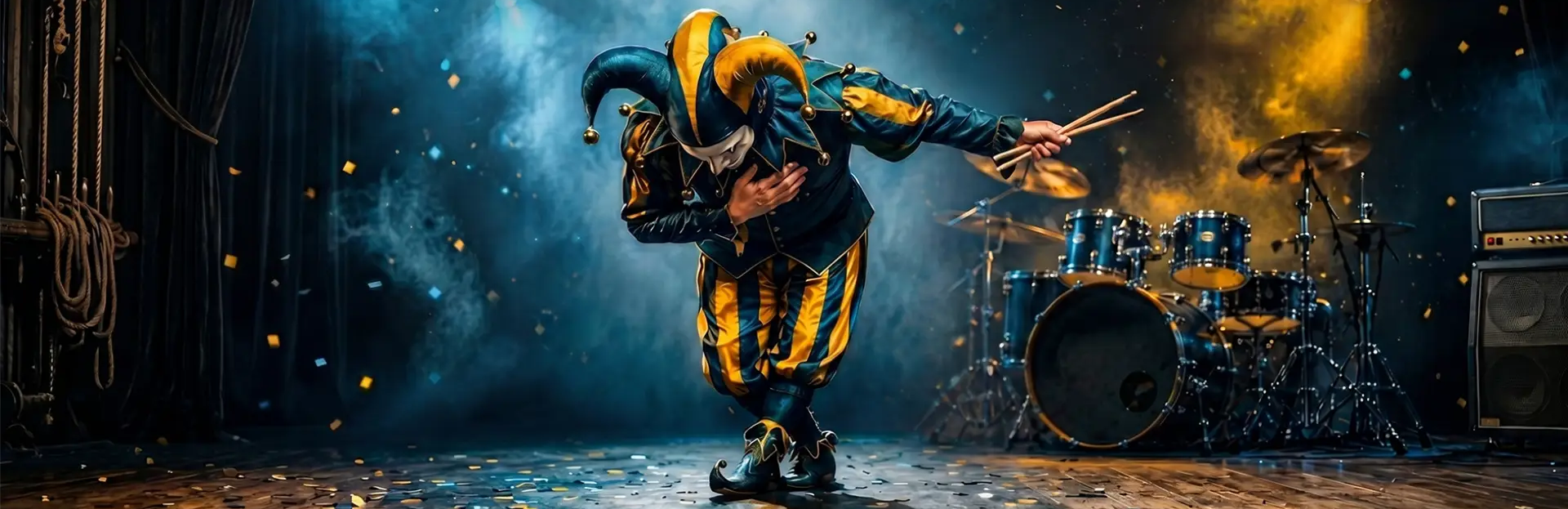 Person in a colorful costume performing on stage with musical instruments