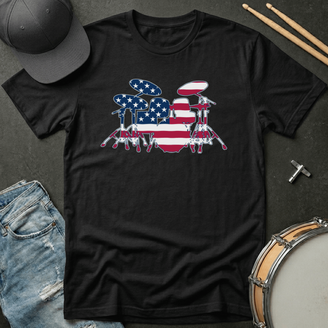 T-Shirt American Flag Drum Set Silhouette T-Shirt