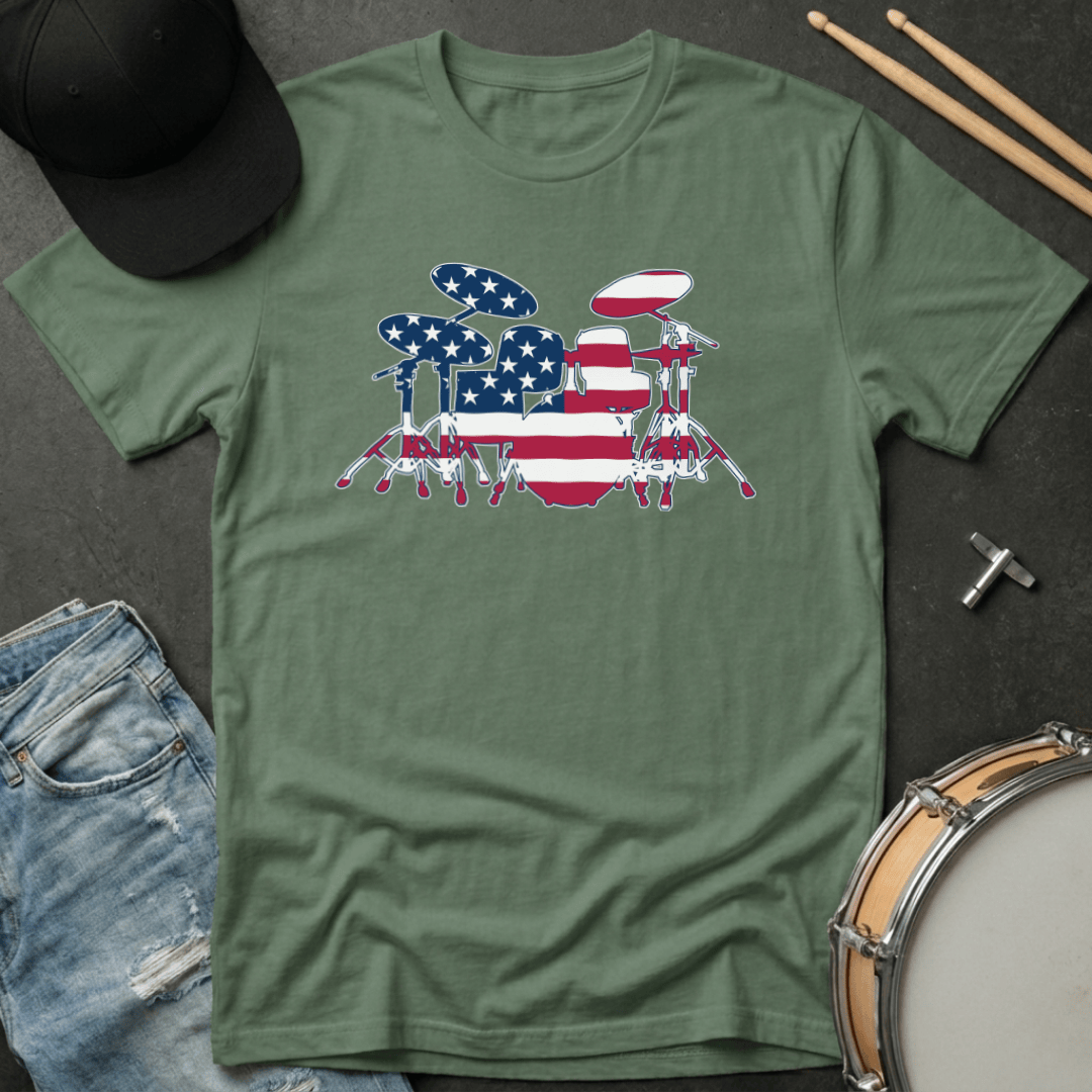 T-Shirt American Flag Drum Set Silhouette T-Shirt