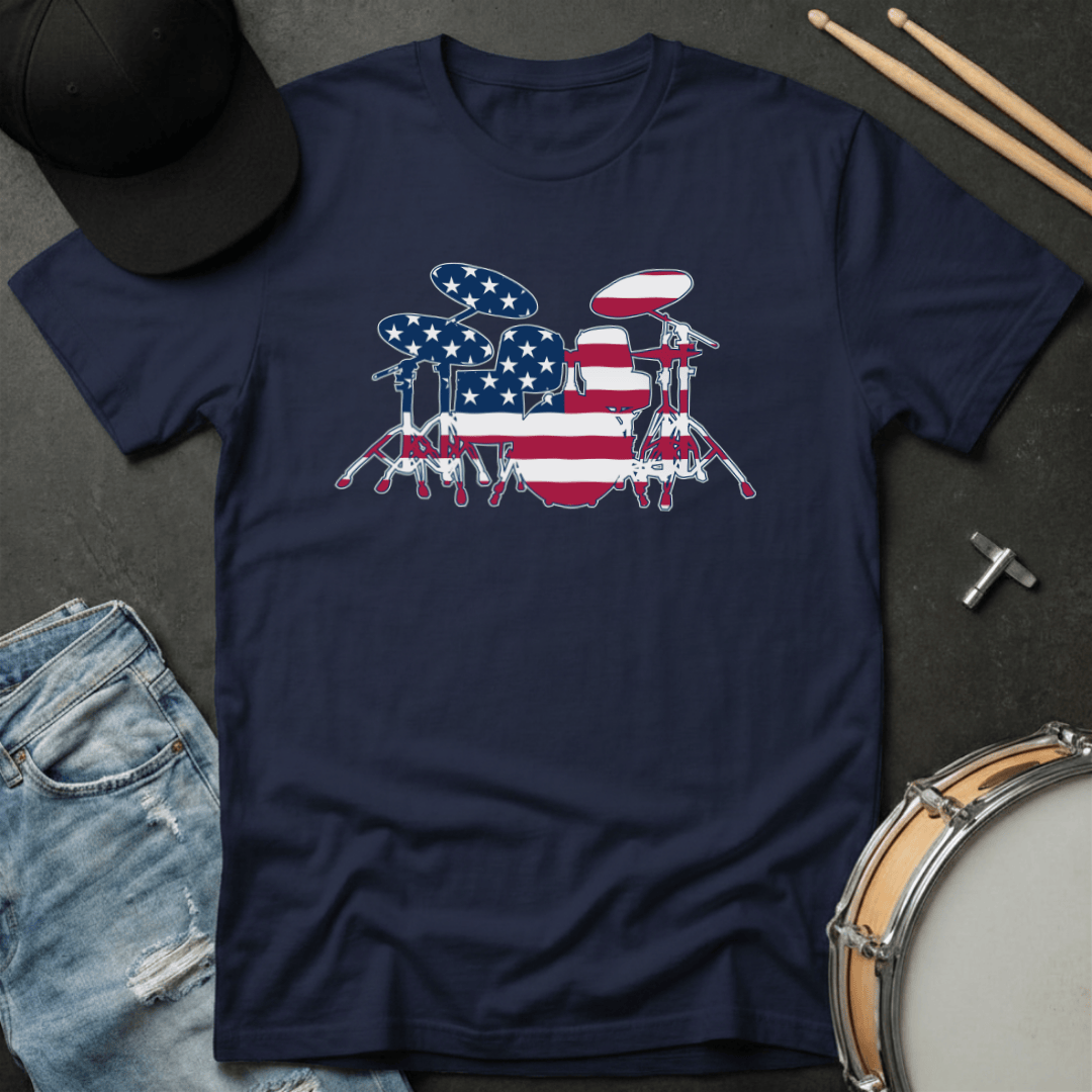 T-Shirt American Flag Drum Set Silhouette T-Shirt
