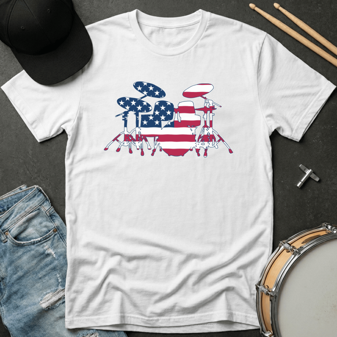 T-Shirt American Flag Drum Set Silhouette T-Shirt