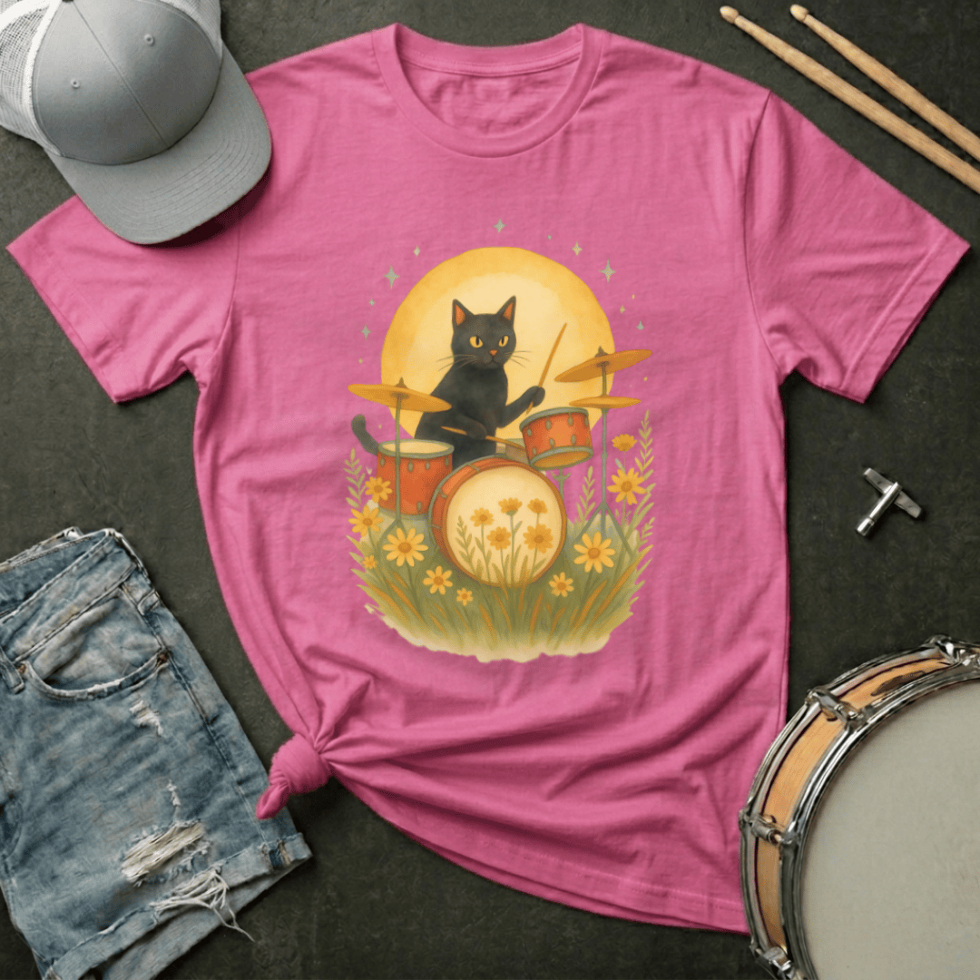 T-Shirt Black Cat Drummer Under the Moon and Stars T-Shirt