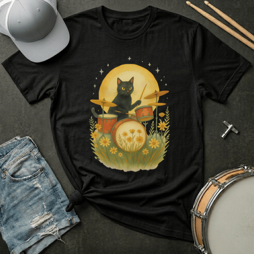 T-Shirt Black Cat Drummer Under the Moon and Stars T-Shirt