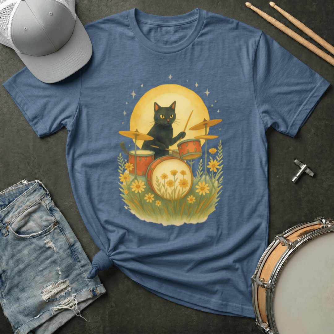 T-Shirt Black Cat Drummer Under the Moon and Stars T-Shirt