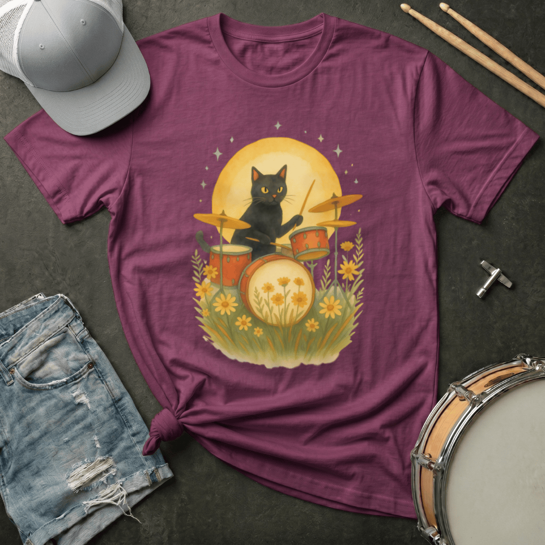 T-Shirt Black Cat Drummer Under the Moon and Stars T-Shirt