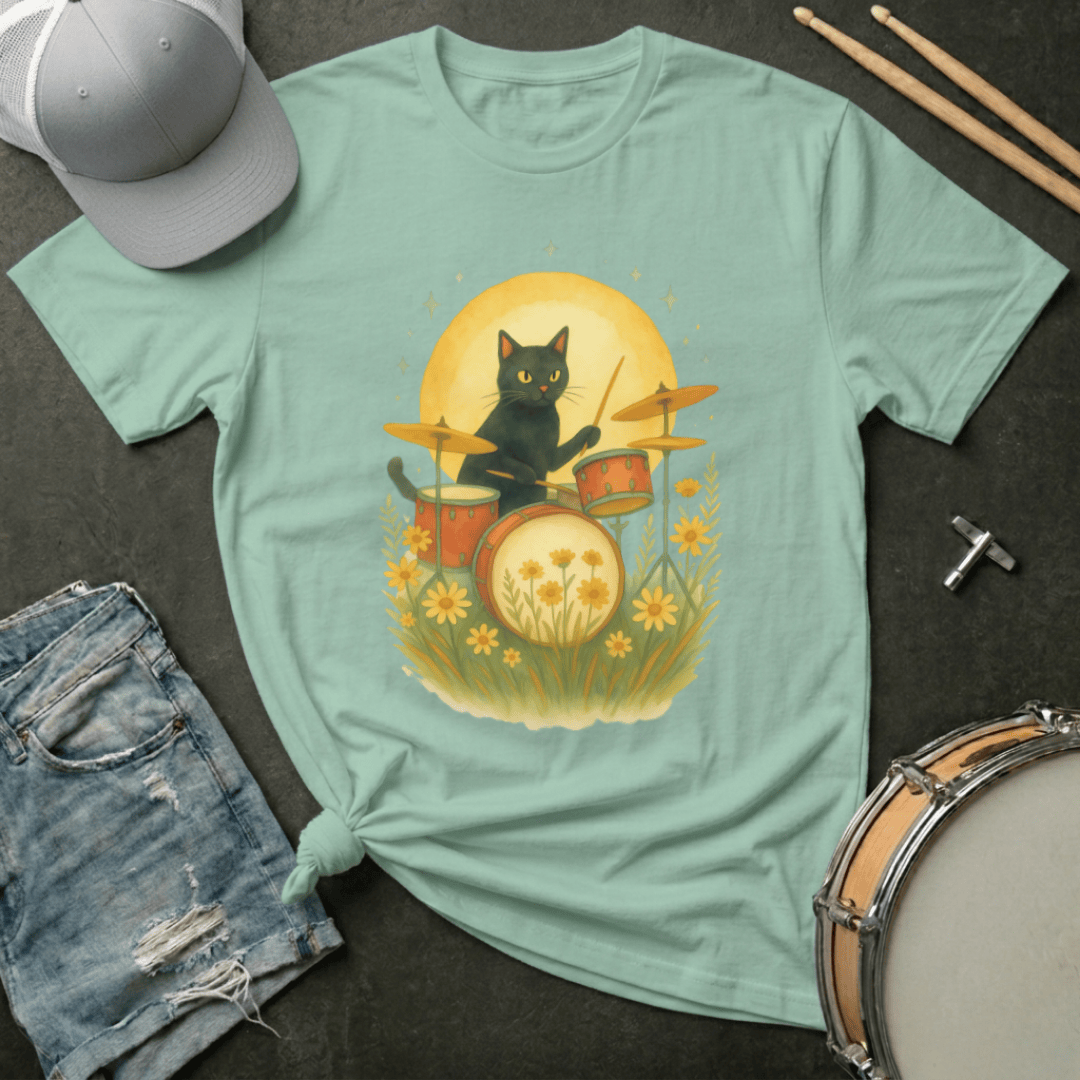 T-Shirt Black Cat Drummer Under the Moon and Stars T-Shirt