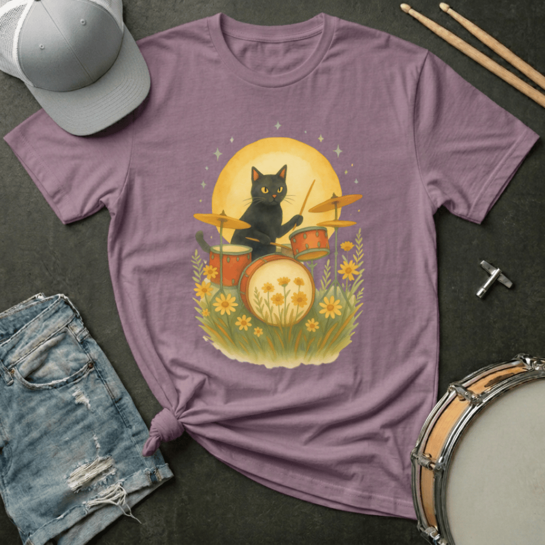 T-Shirt Black Cat Drummer Under the Moon and Stars T-Shirt