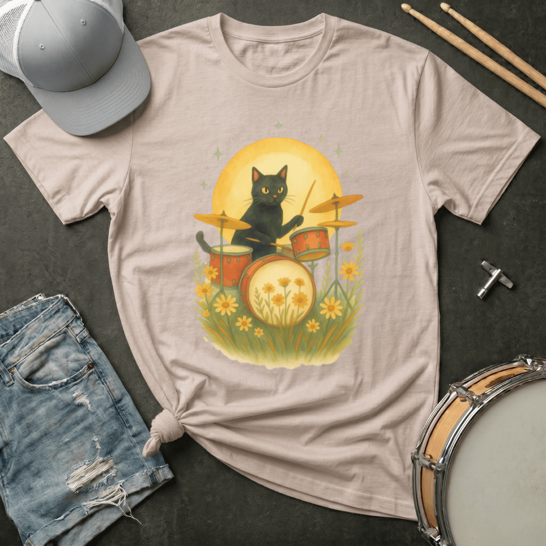 T-Shirt Black Cat Drummer Under the Moon and Stars T-Shirt