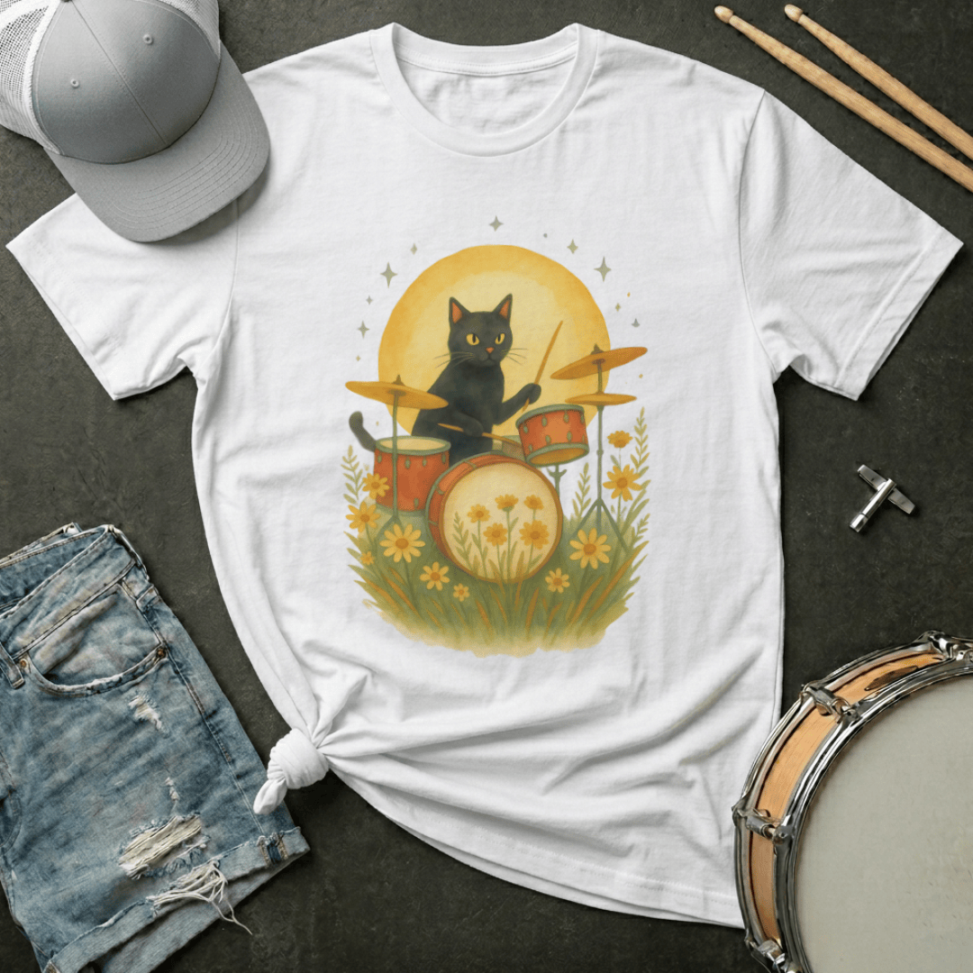T-Shirt Black Cat Drummer Under the Moon and Stars T-Shirt