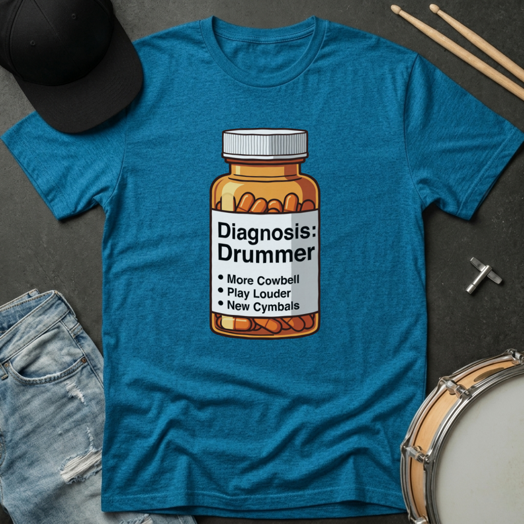 Blue t-shirt with a bottle graphic and text 'Diagnosis: Drummer' on a dark surface with drumsticks and a cap.