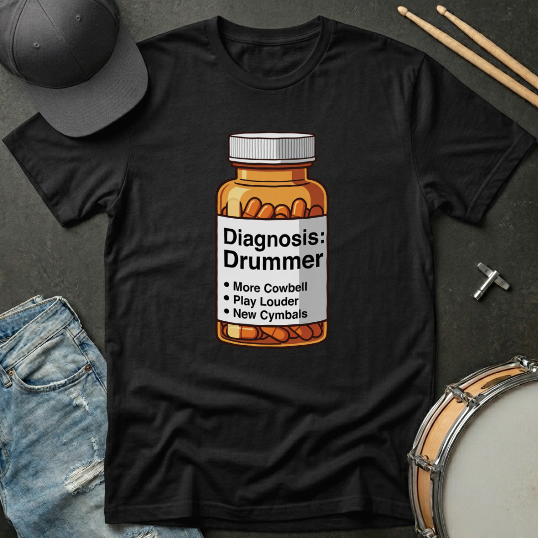 Black t-shirt with a 'Diagnosis: Drummer' design on a dark surface with drumsticks and a cap.