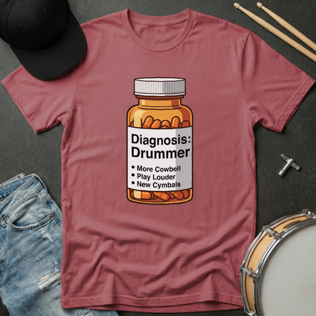 Maroon t-shirt with a 'Diagnosis: Drummer' design featuring a pill bottle, surrounded by drumsticks and a cap.