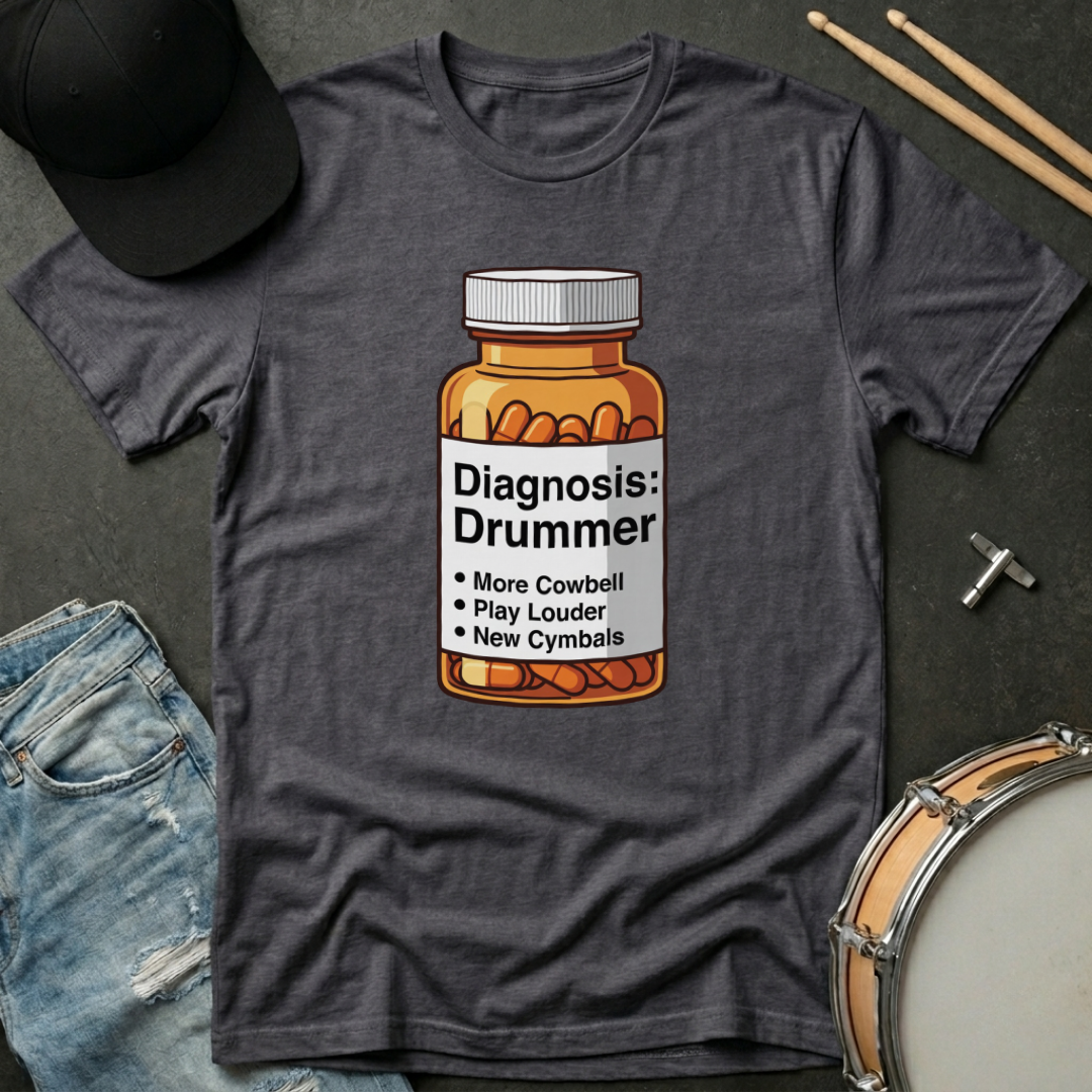 Gray t-shirt with a bottle of pills graphic and 'Diagnosis: Drummer' text, surrounded by drumsticks and jeans on a dark surface.