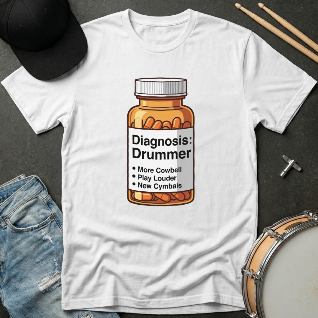 White t-shirt with a bottle graphic and text 'Diagnosis: Drummer' on a dark surface with casual items.