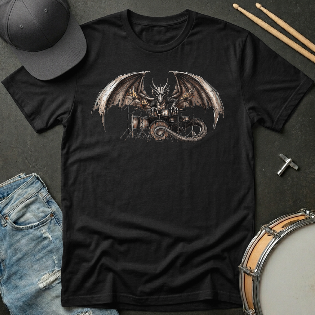Black t-shirt with dragon playing drums graphic on a dark surface with casual items.