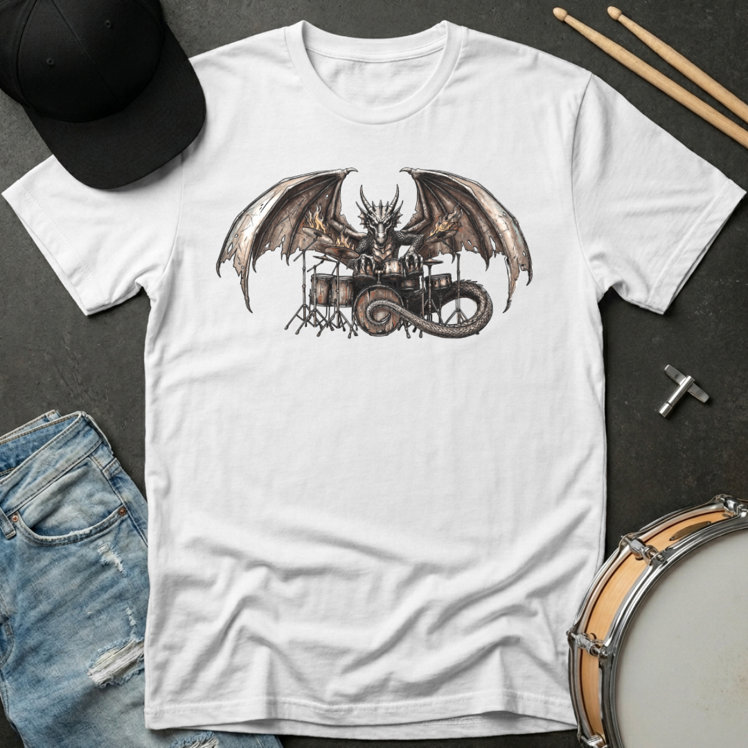 White t-shirt with dragon playing drums graphic, placed on a dark surface with denim jeans and drumsticks.