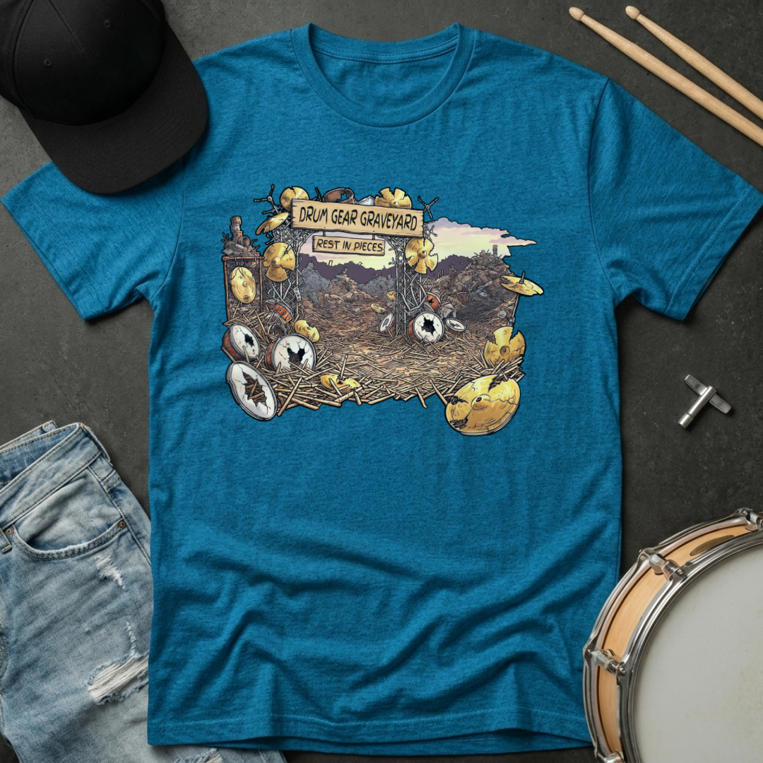 Blue t-shirt with a graphic design of a graveyard and text, placed on a dark surface with drumsticks and a hat.