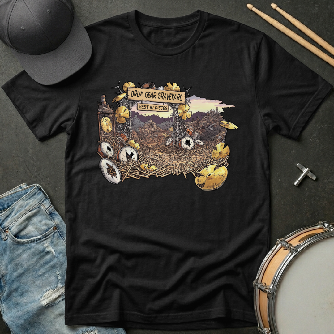 Black t-shirt with a graphic design of a graveyard and tombstones on a dark surface with a cap, jeans, and drumsticks.