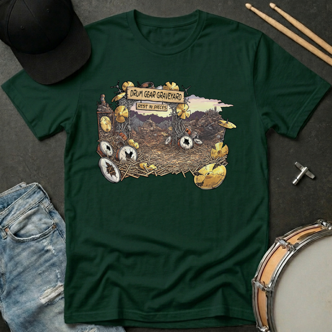 Green t-shirt with a graphic design of a graveyard and drum set on a dark surface with drumsticks and a hat.