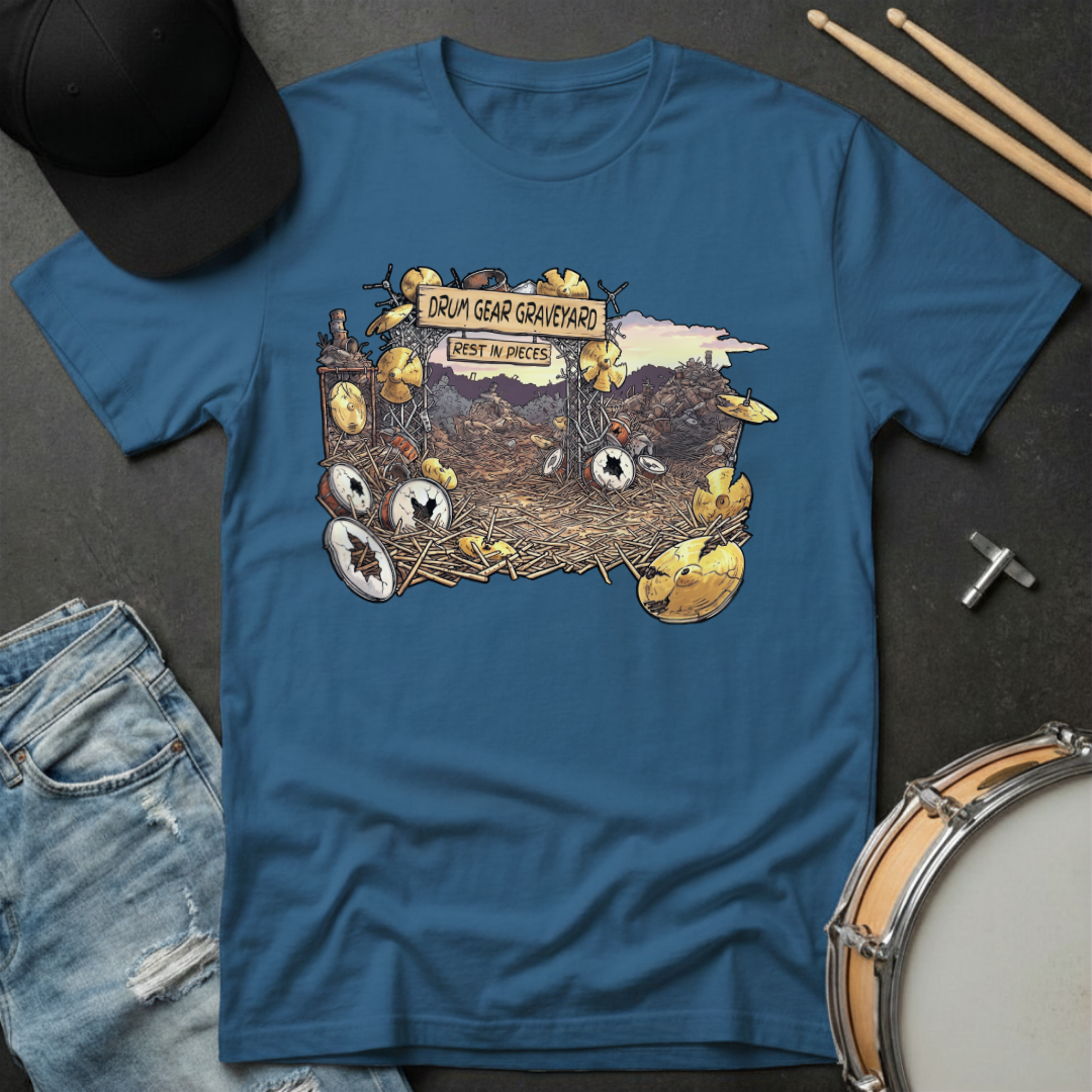 Blue t-shirt with graphic design on a dark surface with accessories.