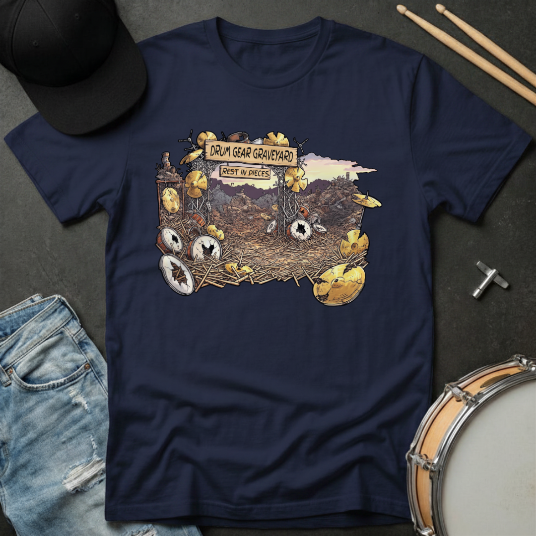 Navy blue t-shirt with a graphic design of a drum set and text, placed on a dark surface with drumsticks and a hat.
