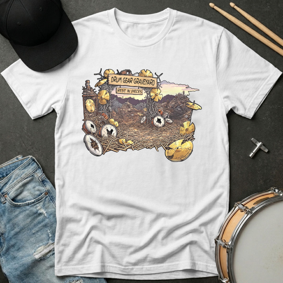 White t-shirt with a graphic design of a drum set and text, displayed with a cap, jeans, and drumsticks on a dark surface.