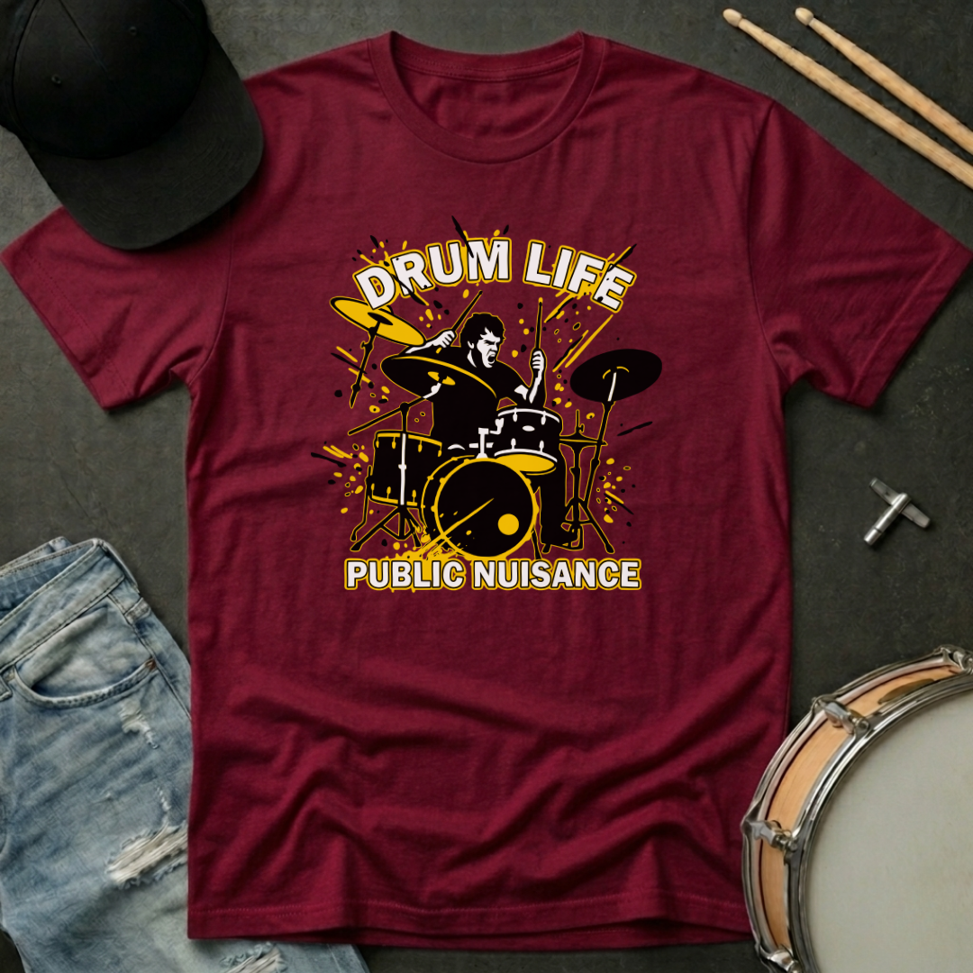 Maroon t-shirt with drum design and text 'Drum Life Public Nuisance' on a dark surface with drumsticks and a hat.