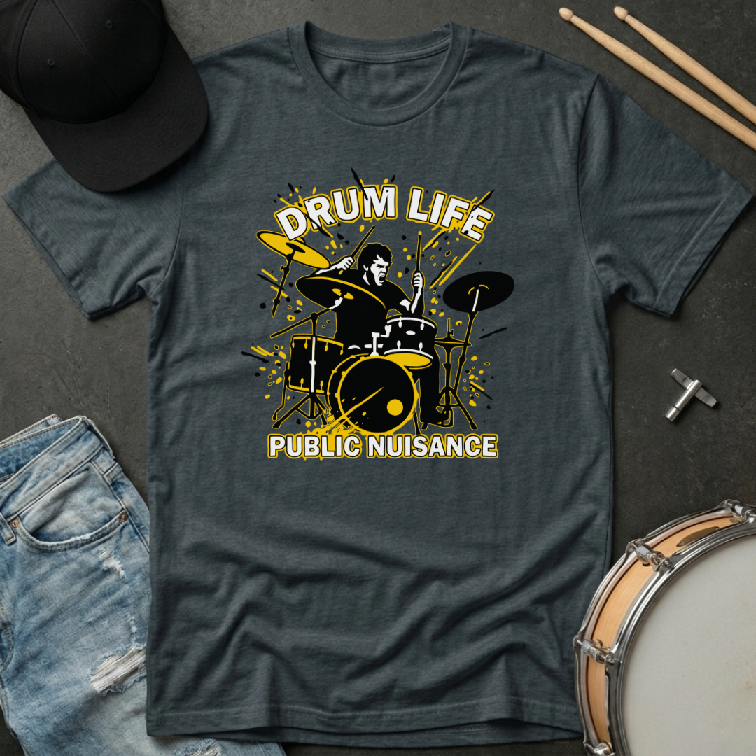 Gray t-shirt with drum design and text 'Drum Life Public Nuisance' on a dark surface with drumsticks and jeans.