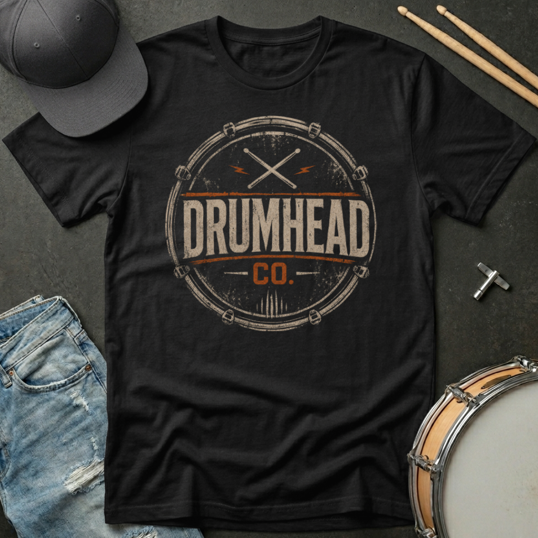 Black t-shirt with 'DRUMHEAD CO.' graphic on a dark surface with drumsticks and a cap.