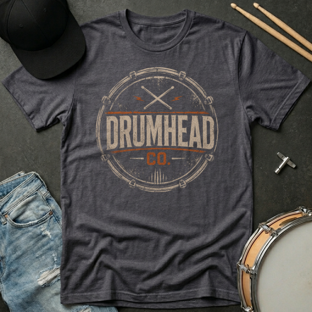 Gray t-shirt with 'DRUMHEAD CO.' logo on a dark surface with drumsticks, cap, and jeans.