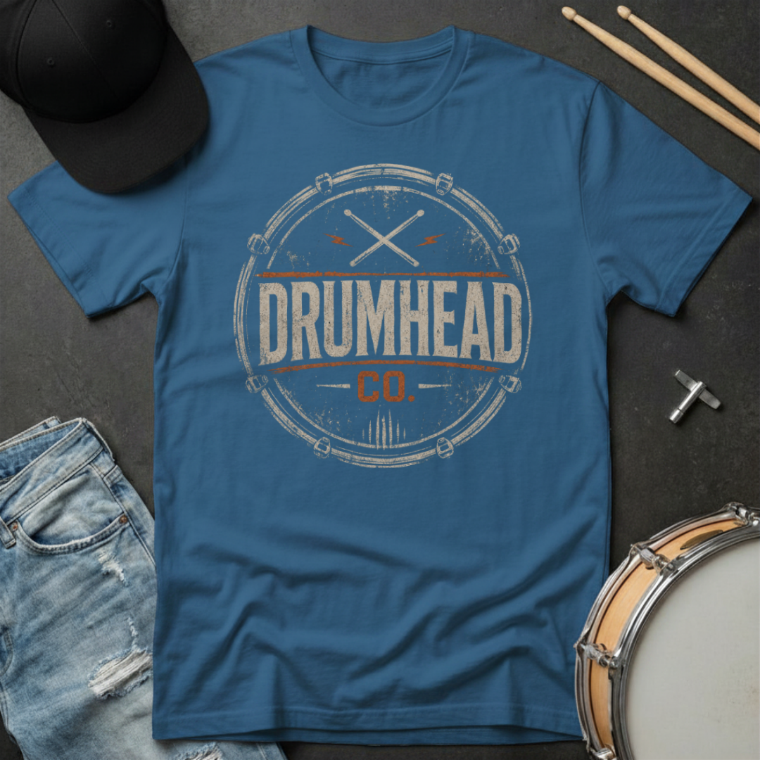 Blue t-shirt with 'DRUMHEAD CO.' design on a dark surface with drumsticks, cap, and jeans.