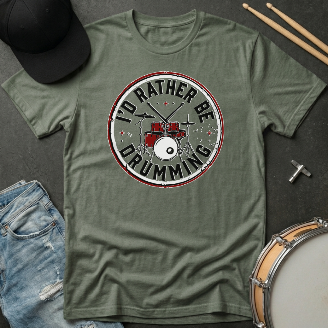 Green t-shirt with 'I'd Rather Be Drumming' design on a gray surface with drumsticks and a hat.