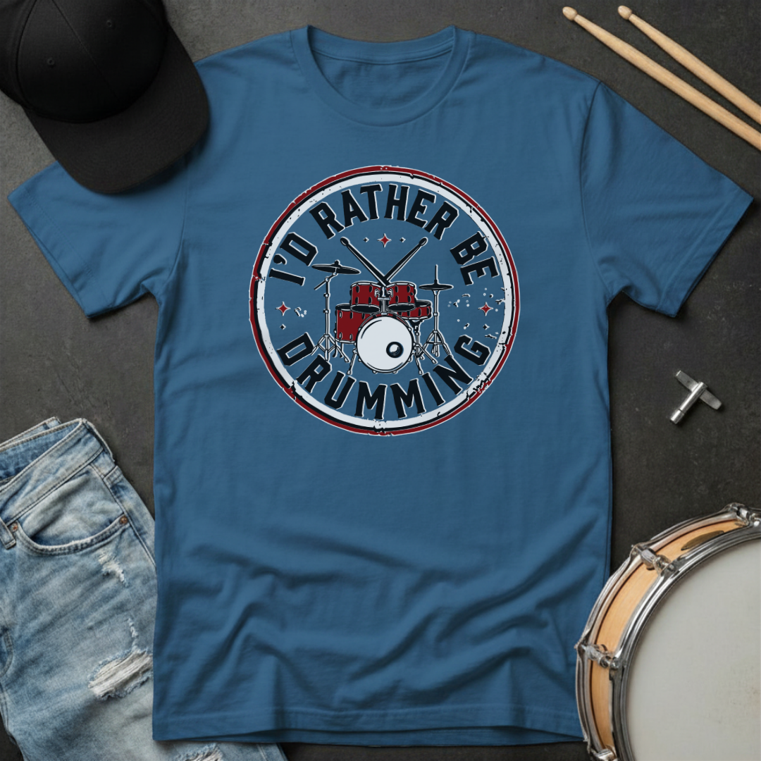 Blue t-shirt with 'I'd Rather Be Drumming' design on a dark surface with drumsticks, cap, and jeans.
