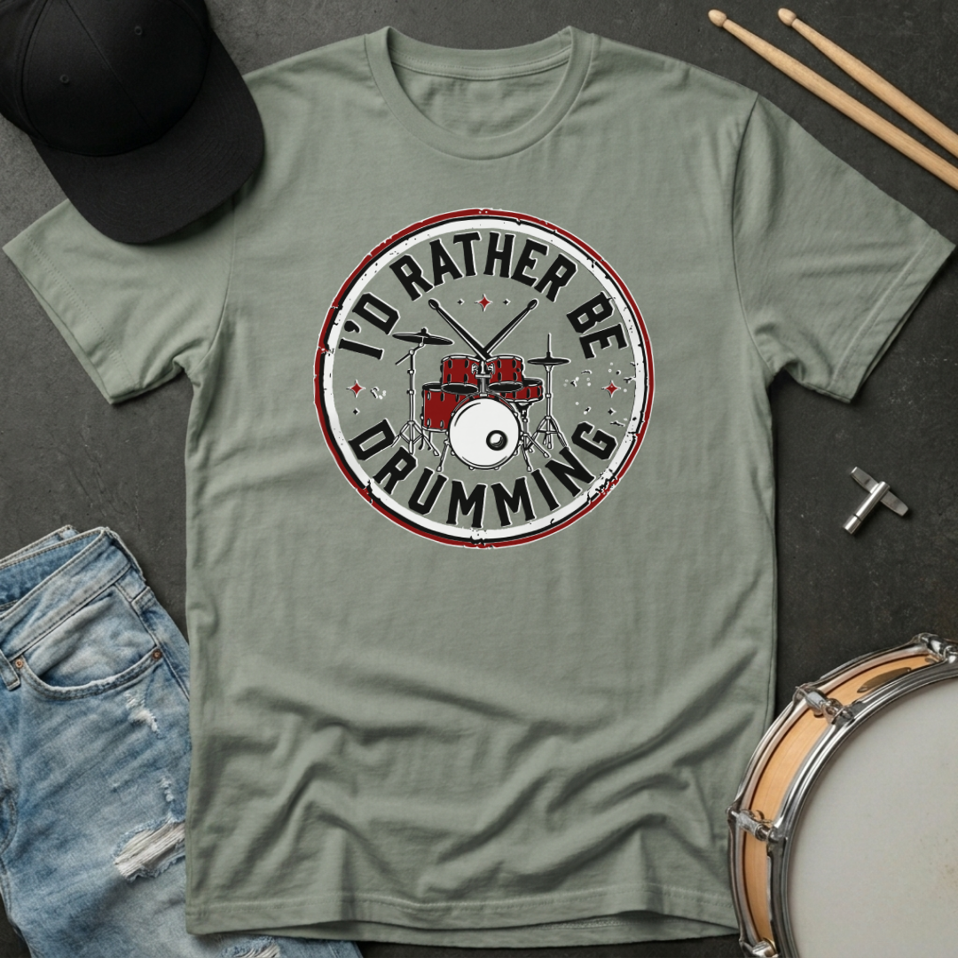 Green t-shirt with 'I'd Rather Be Drumming' graphic on a dark surface with drumsticks and a hat.