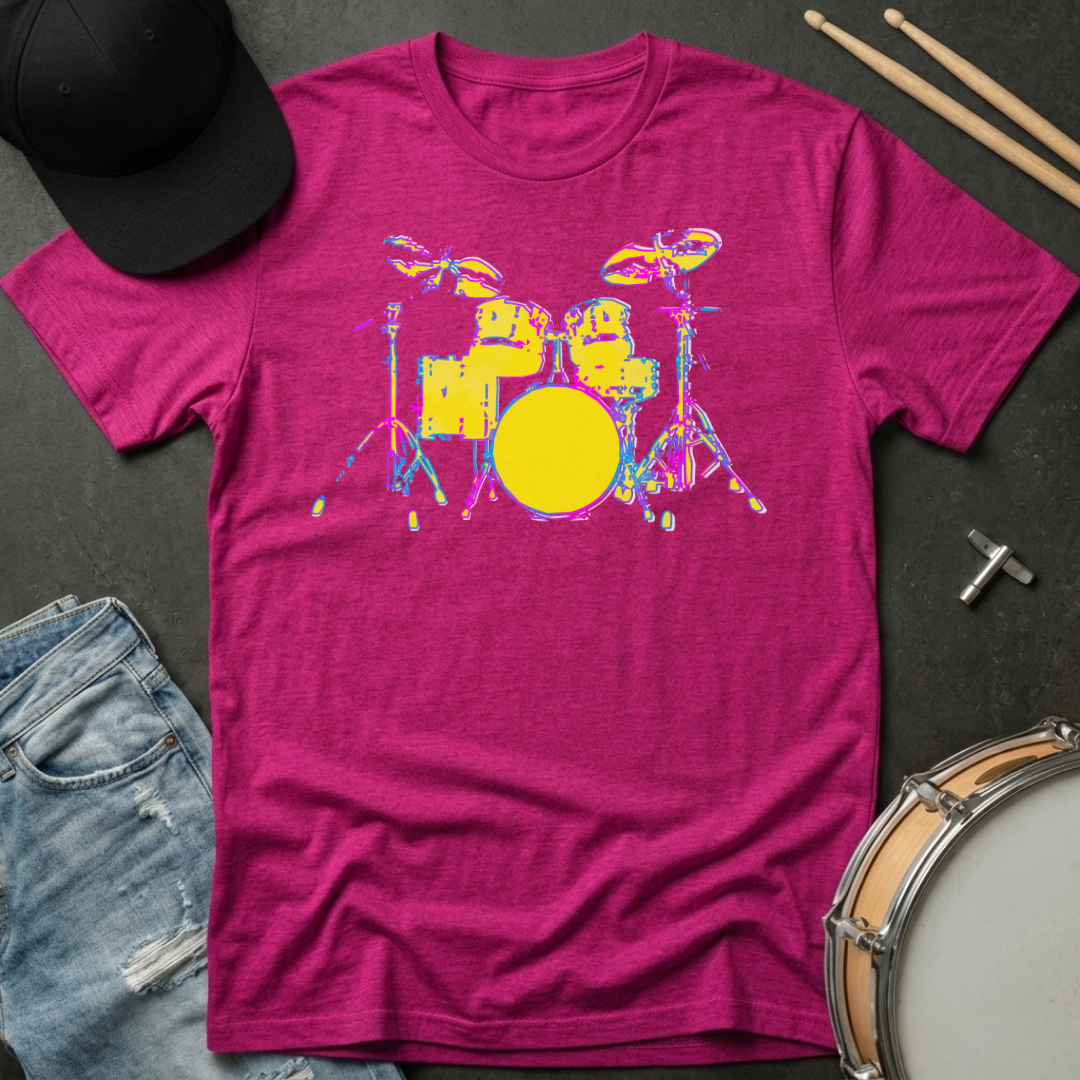 Purple t-shirt with colorful drum set design, surrounded by a cap, jeans, and drum parts on a dark surface.