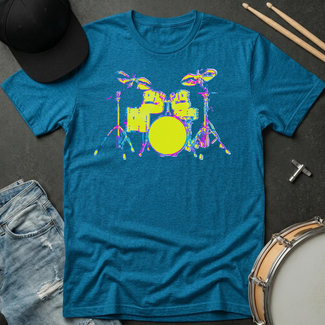 Blue t-shirt with colorful drum set graphic on a dark surface with drum components.
