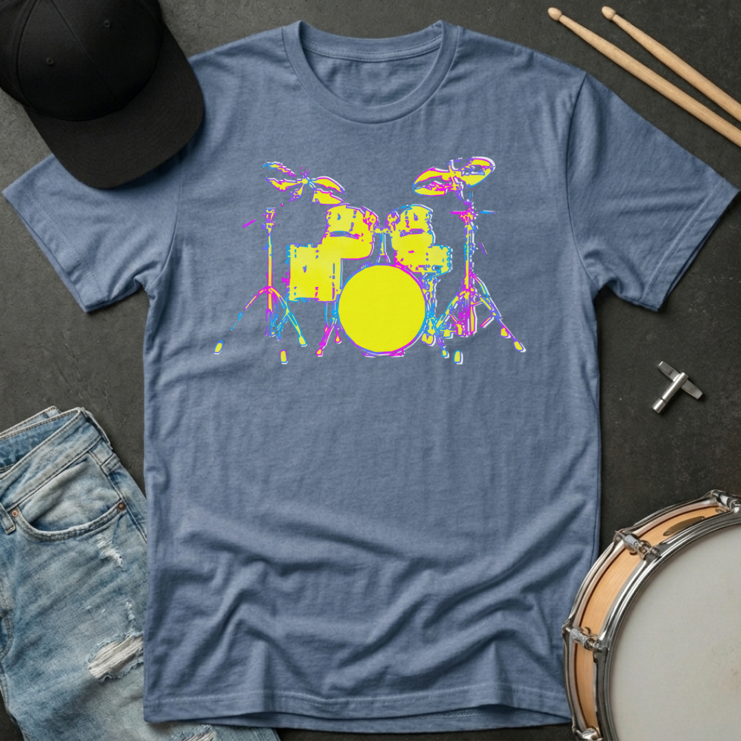 Blue t-shirt with colorful drum set graphic, placed on a dark surface with a cap and drum in view.