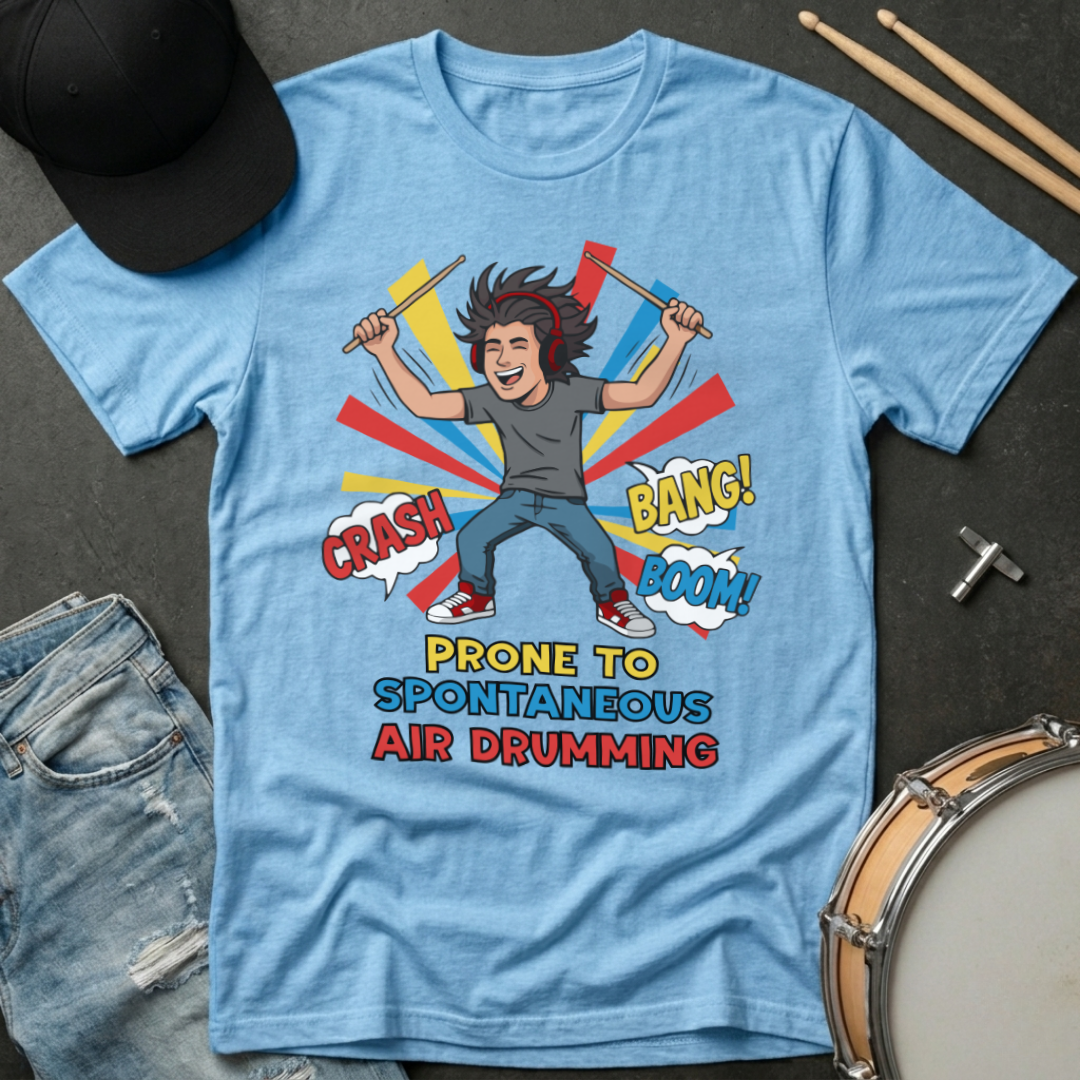 Blue t-shirt with a graphic design of a person air drumming, surrounded by drumsticks and a hat on a dark surface.
