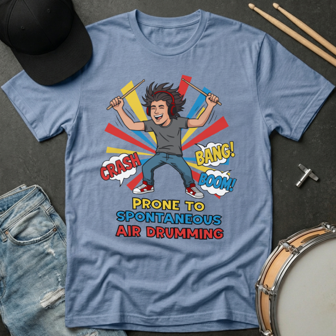 Blue t-shirt with a graphic of a person air drumming and text, surrounded by casual items like jeans and a cap.