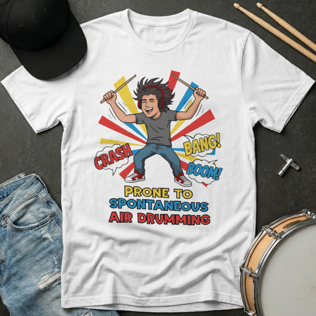 White t-shirt with a graphic of a person air drumming and text, displayed with a cap, jeans, and drumsticks on a dark surface.