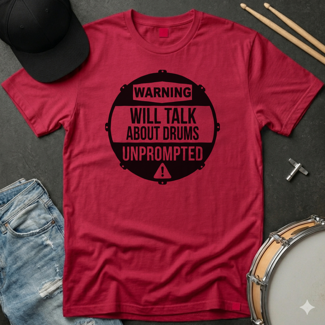 Red t-shirt with black graphic and text 'Warning: Will talk about drums unprompted' on a dark surface with drumsticks and a cap.