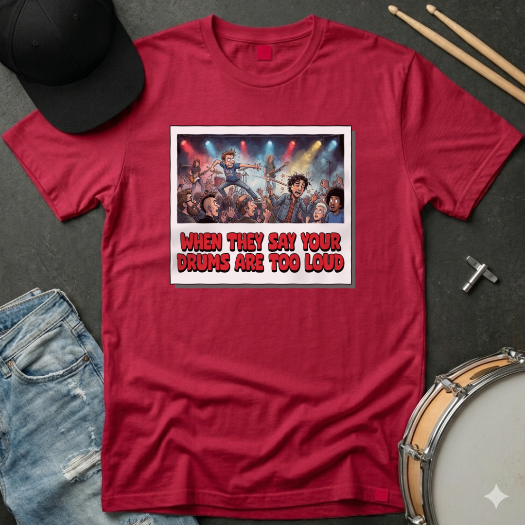 Red t-shirt with graphic design and text, surrounded by a cap, jeans, and drumsticks on a dark surface.